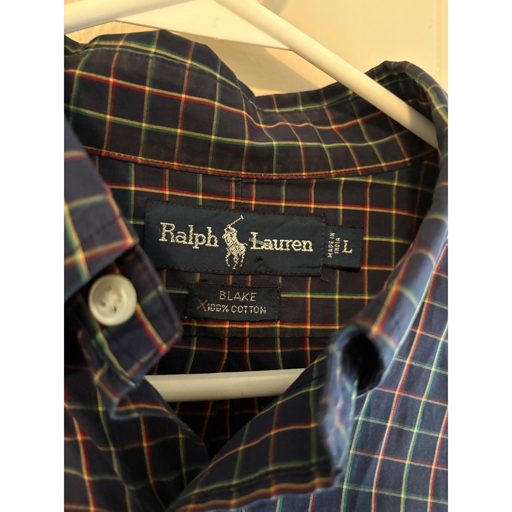 Ralph Lauren Blake Mens Large Navy Plaid Tattersall Cotton Button Down Shirt - Picture 3 of 3